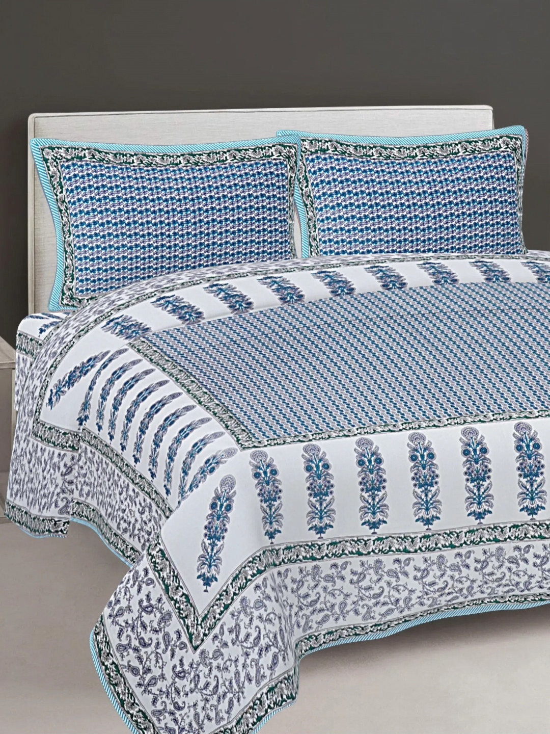 

LIVING ROOTS Double Queen Size Jaipur Block Print Cotton Double Bedsheet & 2 Pillow Covers, Blue