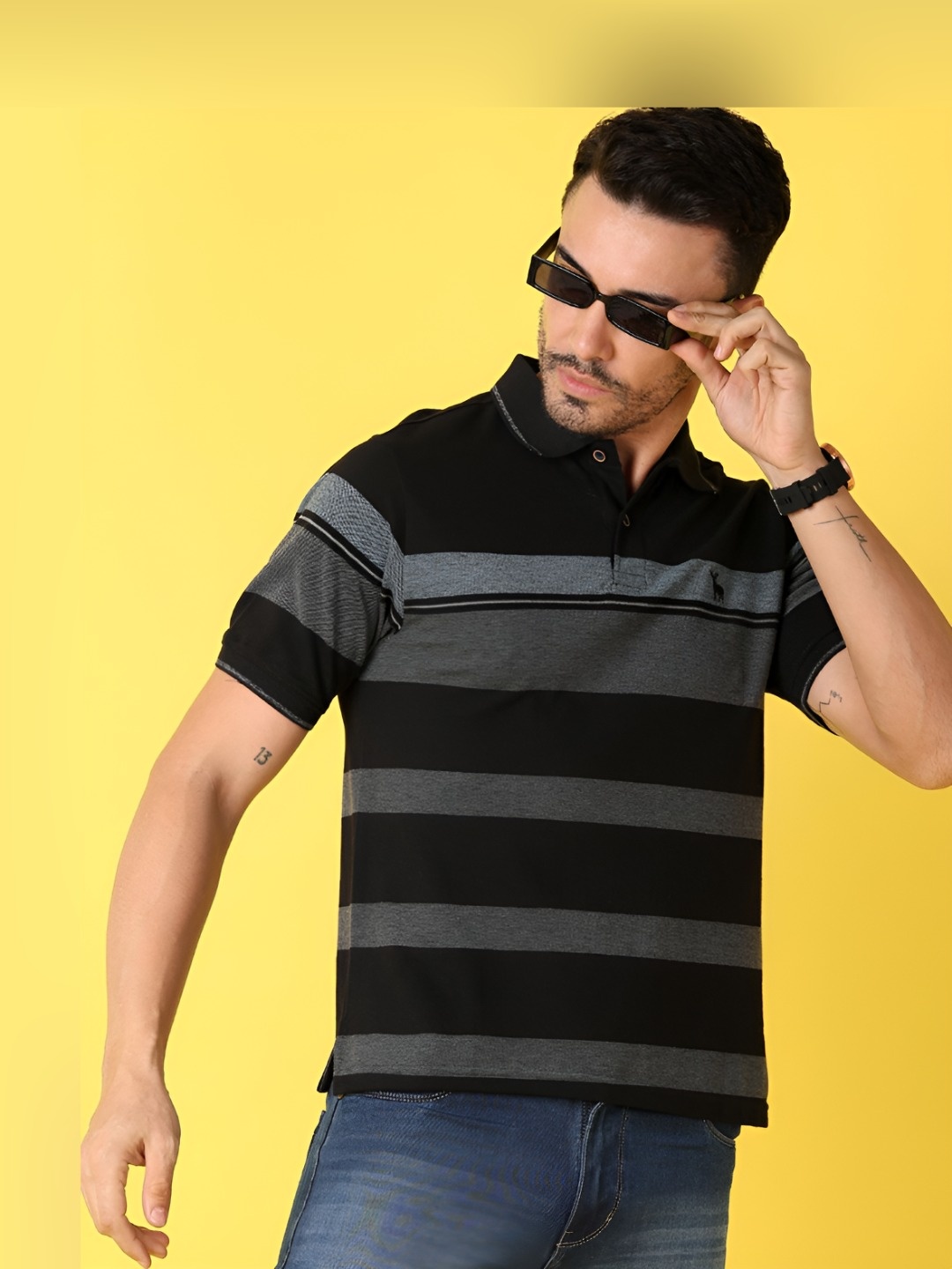 

V-Mart Men Striped Polo Collar Cotton T-Shirt, Black