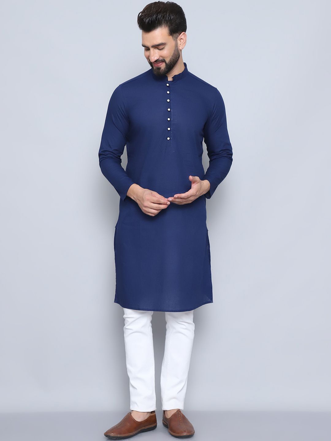 

even Striped Woven Design Pure Cotton Straight Kurta, Blue