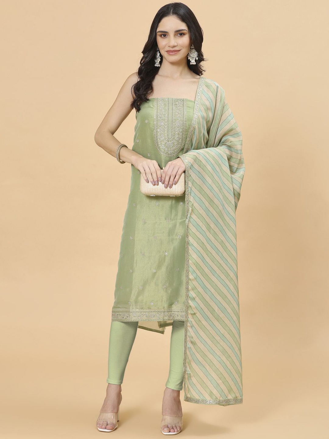 

Meena Bazaar Floral Embroidered Unstitched Dress Material, Green