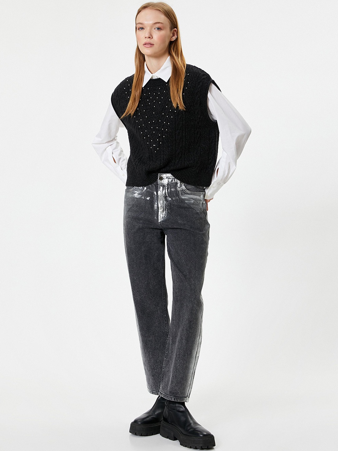 

Koton Cable Knit Sweater Vest with Embellished Detail, Black