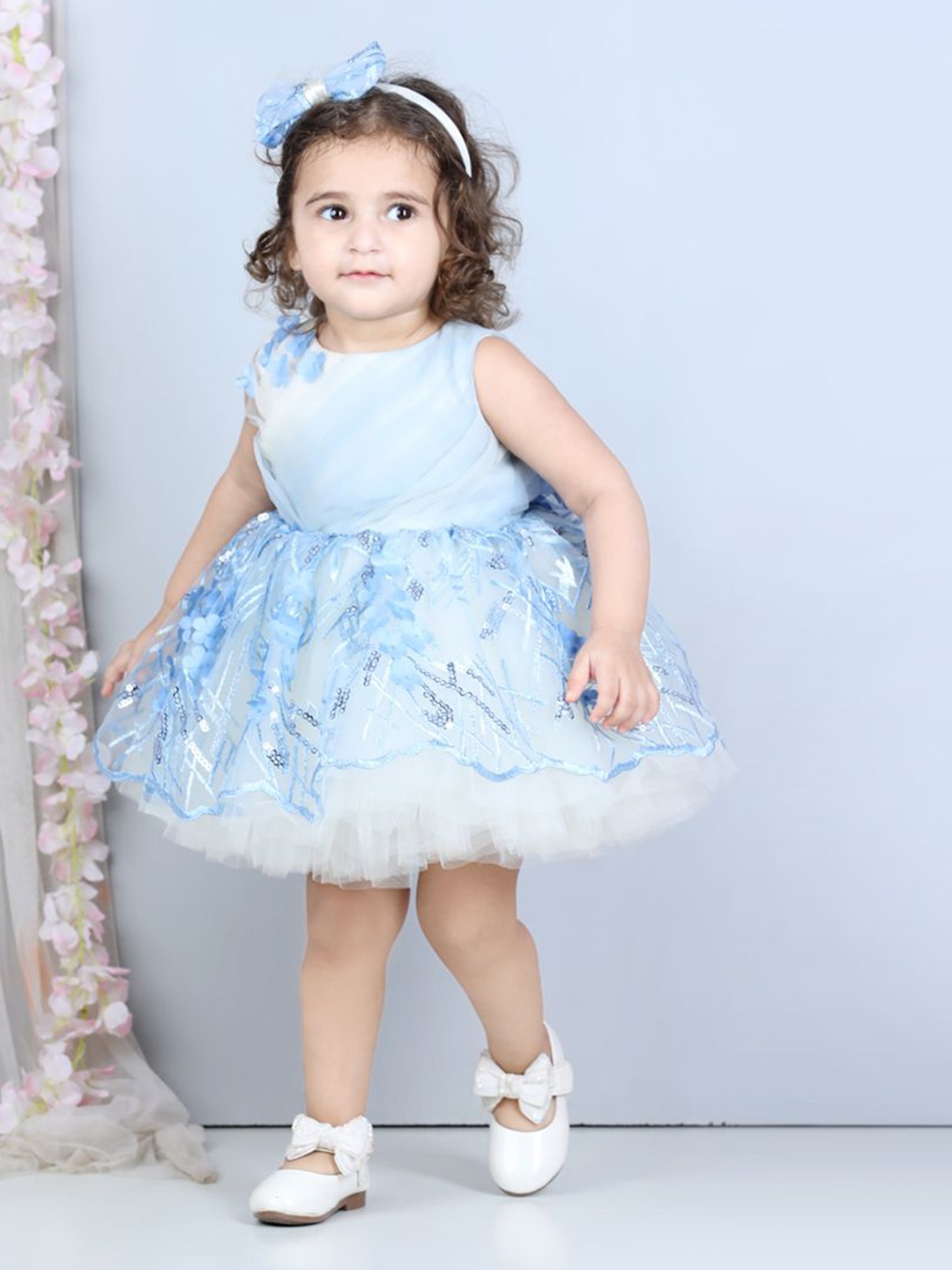 

The Lush Affair Girls Embellished Net Fit & Flare Bow Detail Dress, Blue