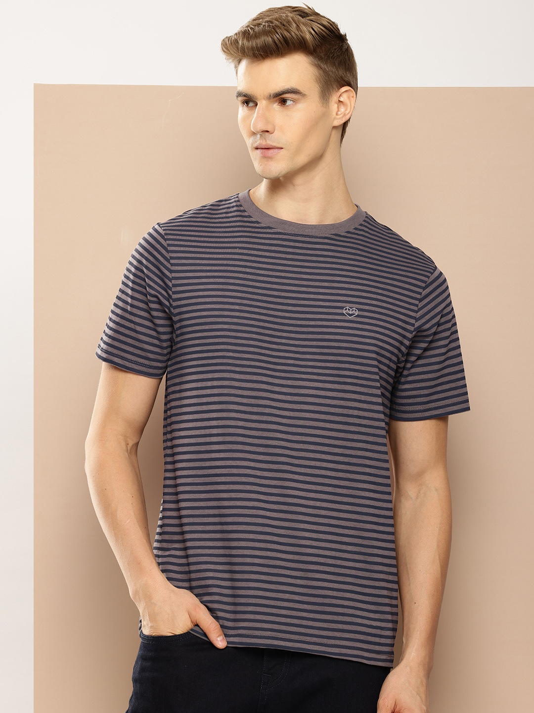 

INVICTUS Pure Cotton Striped Casual T-shirt, Grey