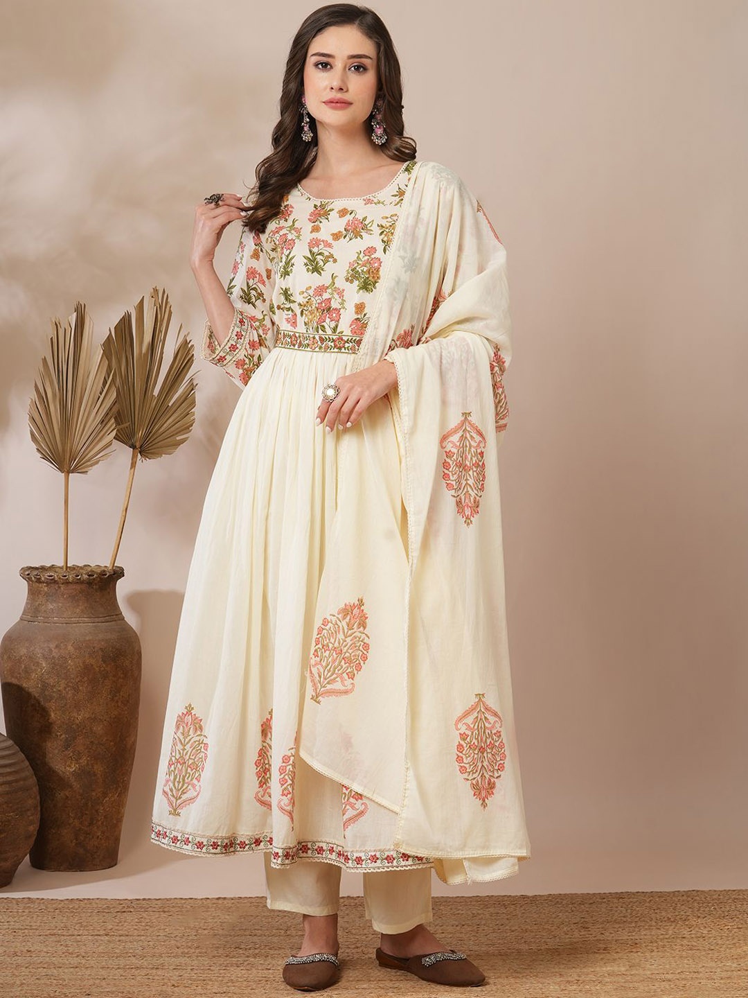 

FASHOR Floral Printed Pure Cotton A-Line Kurta With Trousers & Dupatta, Cream