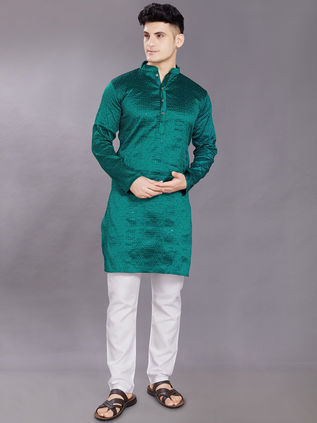 

DIVISIVE Geometric Woven Design Sequinned Regular Art Silk Jacquard Straight Kurta, Turquoise blue