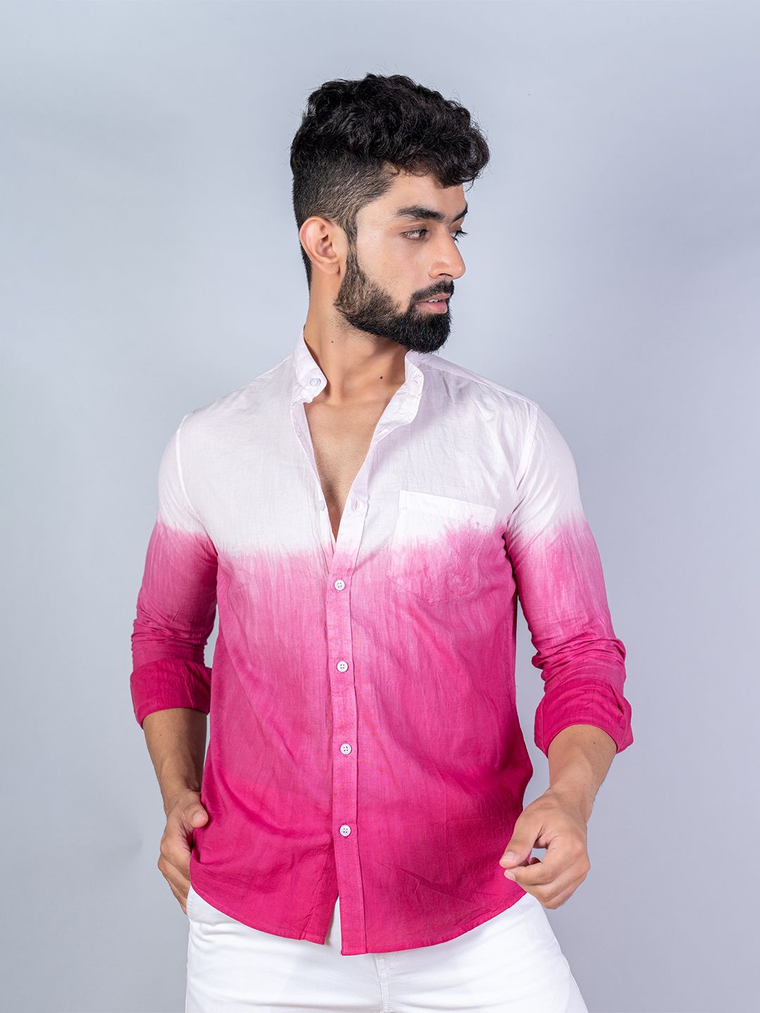 

Tistabene Men Standard Band Collar Colourblocked Cotton Casual Shirt, Pink