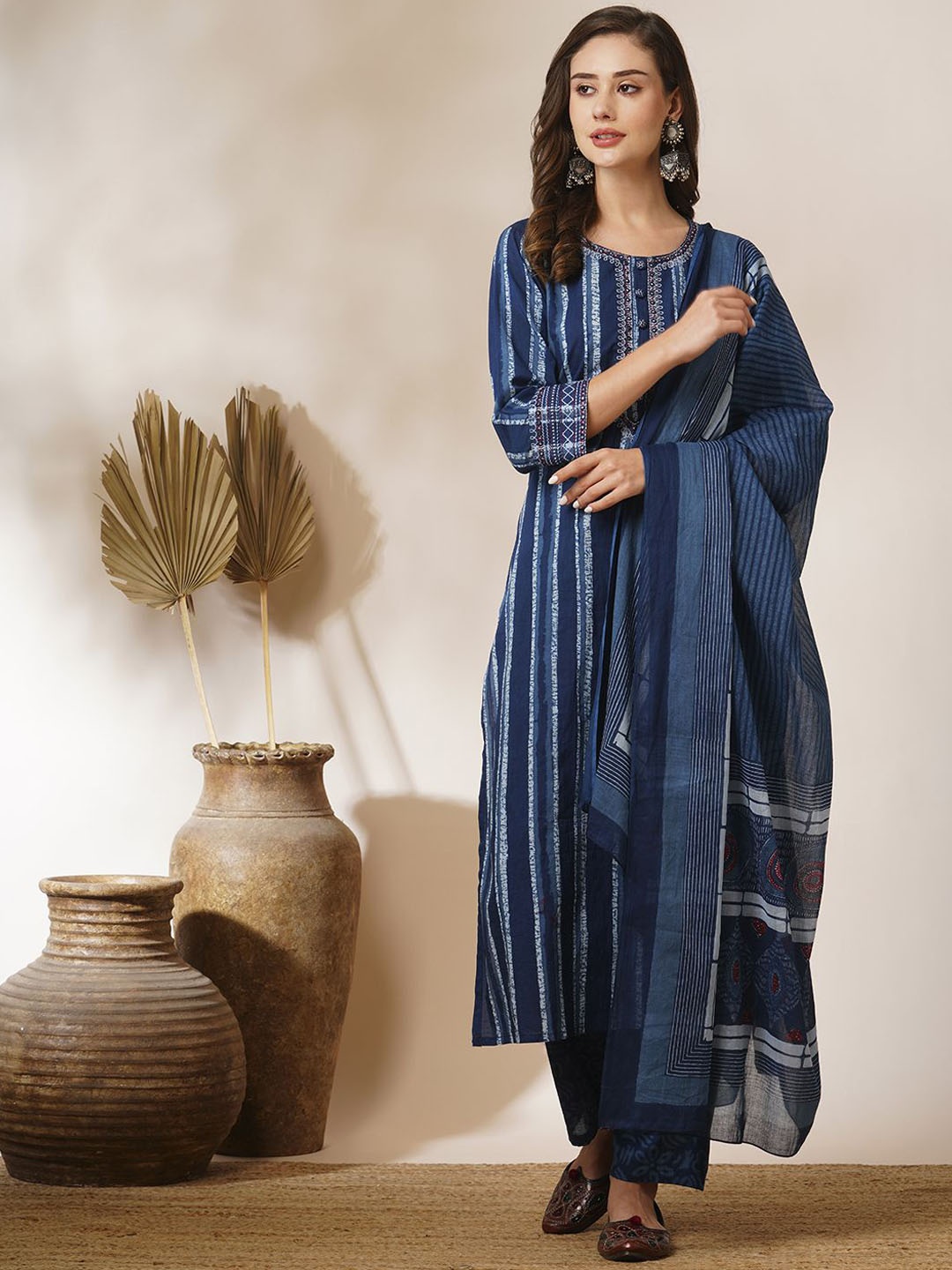 

FASHOR Striped Printed Mirror Work Pure Cotton Straight Kurta With Trousers & Dupatta, Blue