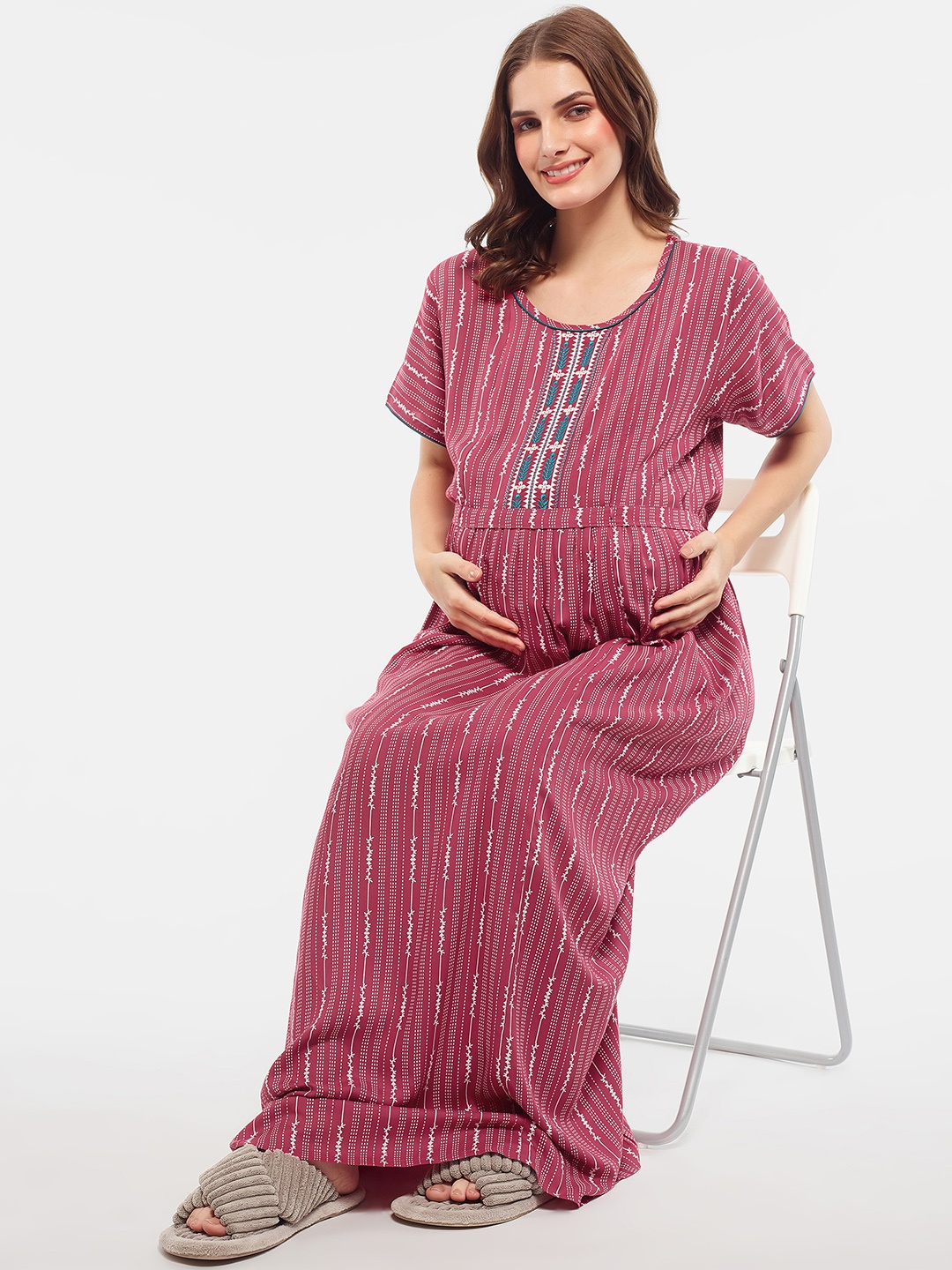 

Zeyo Striped Round Neck Maternity Maxi Nightdress, Red