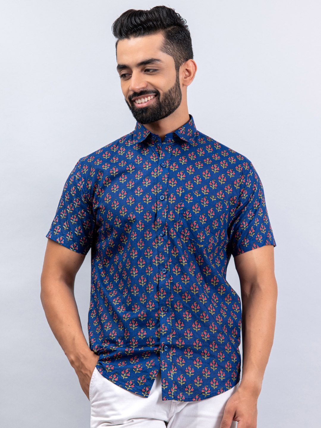 

Tistabene Men Standard Spread Collar Floral Printed Cotton Casual Shirt, Blue