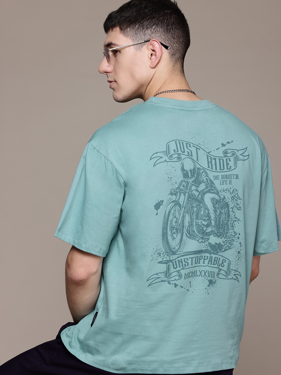 

The Roadster Lifestyle Co. Biker Print Relaxed Fit Pure Cotton T-shirt, Sea green
