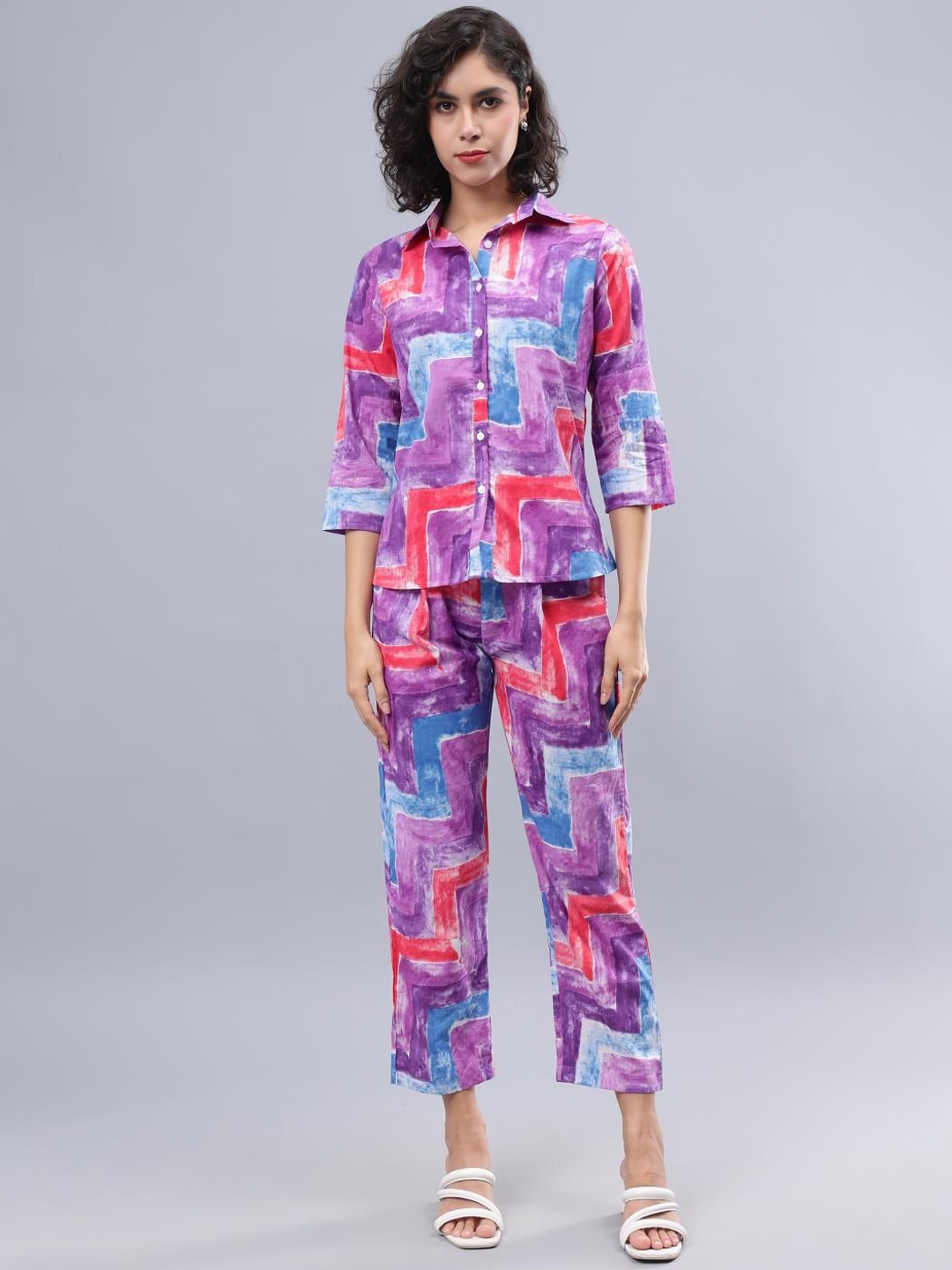 

CORDSET Printed Pure Cotton Shirt With Trouser, Purple