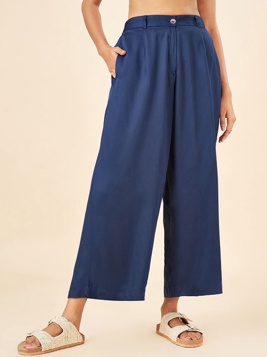 

AKKRITI BY PANTALOONS Women High-Rise Pleated Trousers, Navy blue