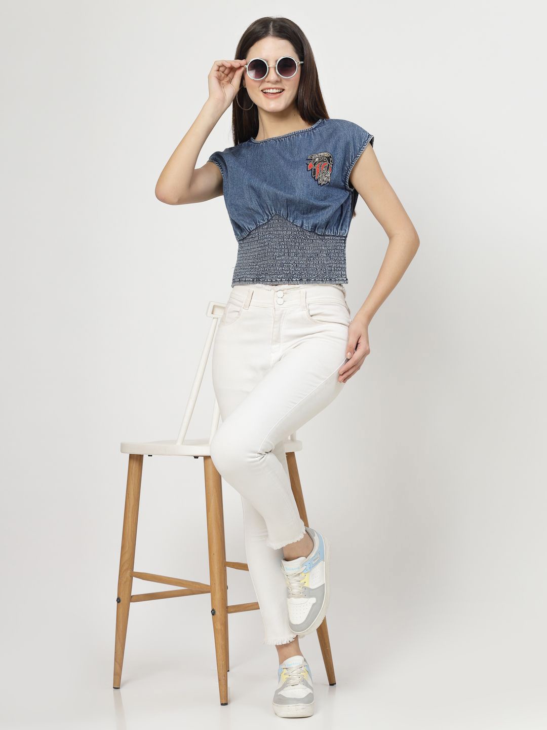 

COSMIC TRIO Embellished Denim Crop Top, Navy blue