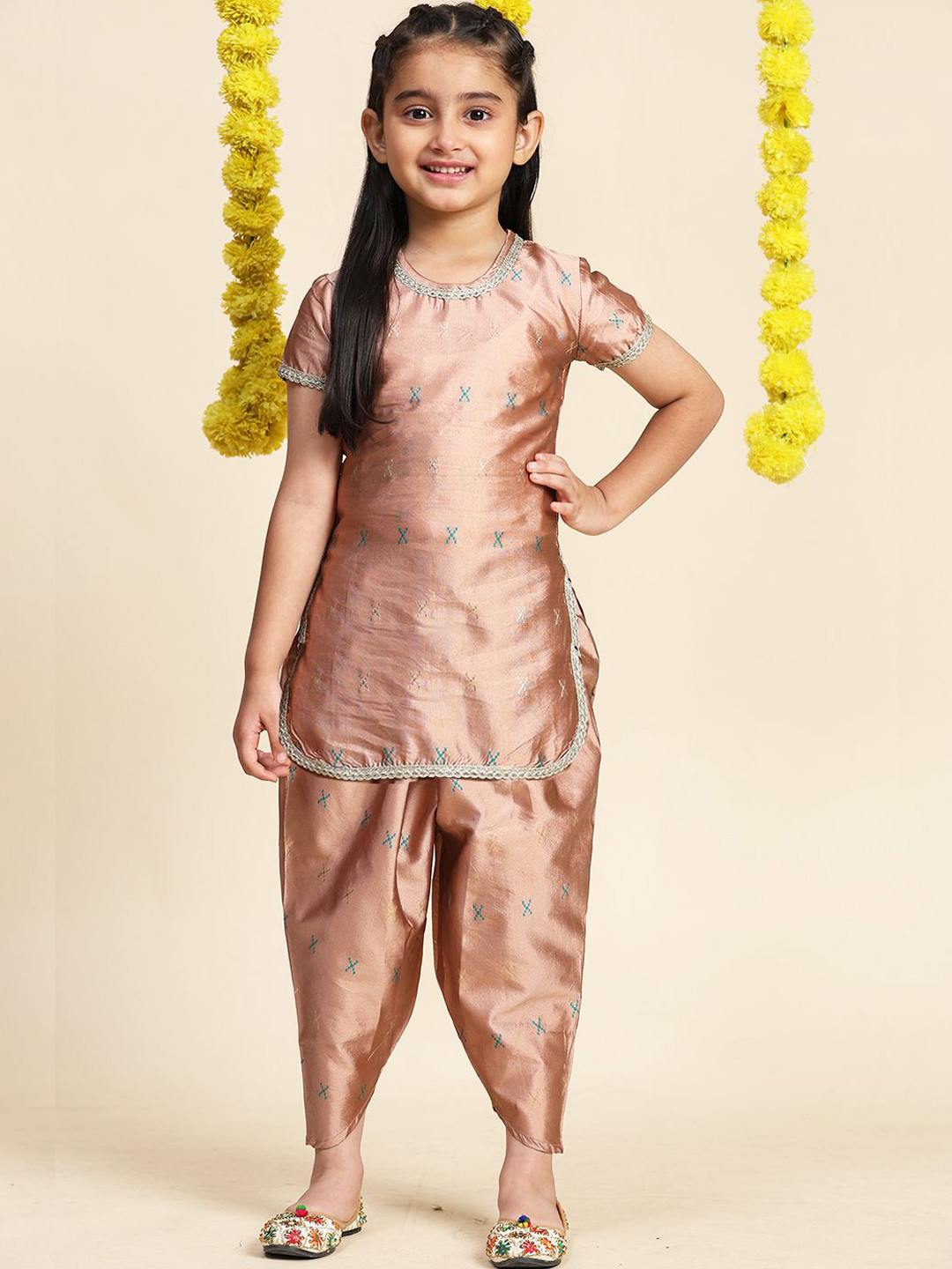 

Cutiekins Girls Geometric Woven Design Gotta Patti Straight Kurta With Dhoti Pants, Bronze