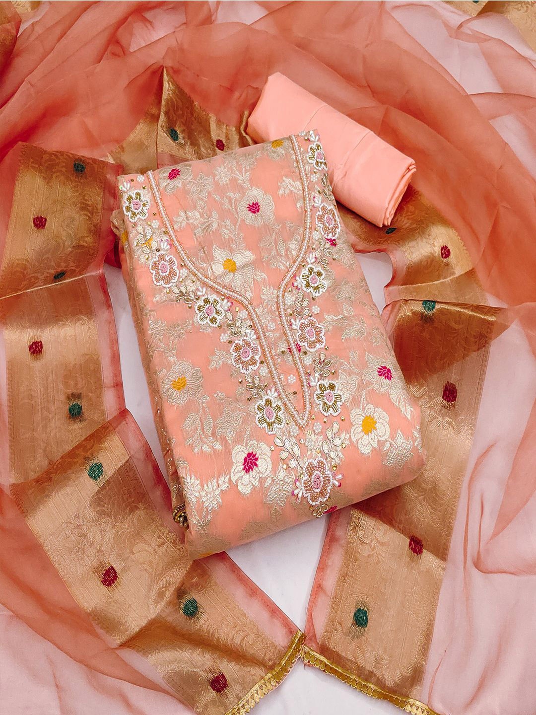 

Lilots Floral Woven Design Sequinned Banarasi Cotton Silk Unstitched Dress Material, Peach