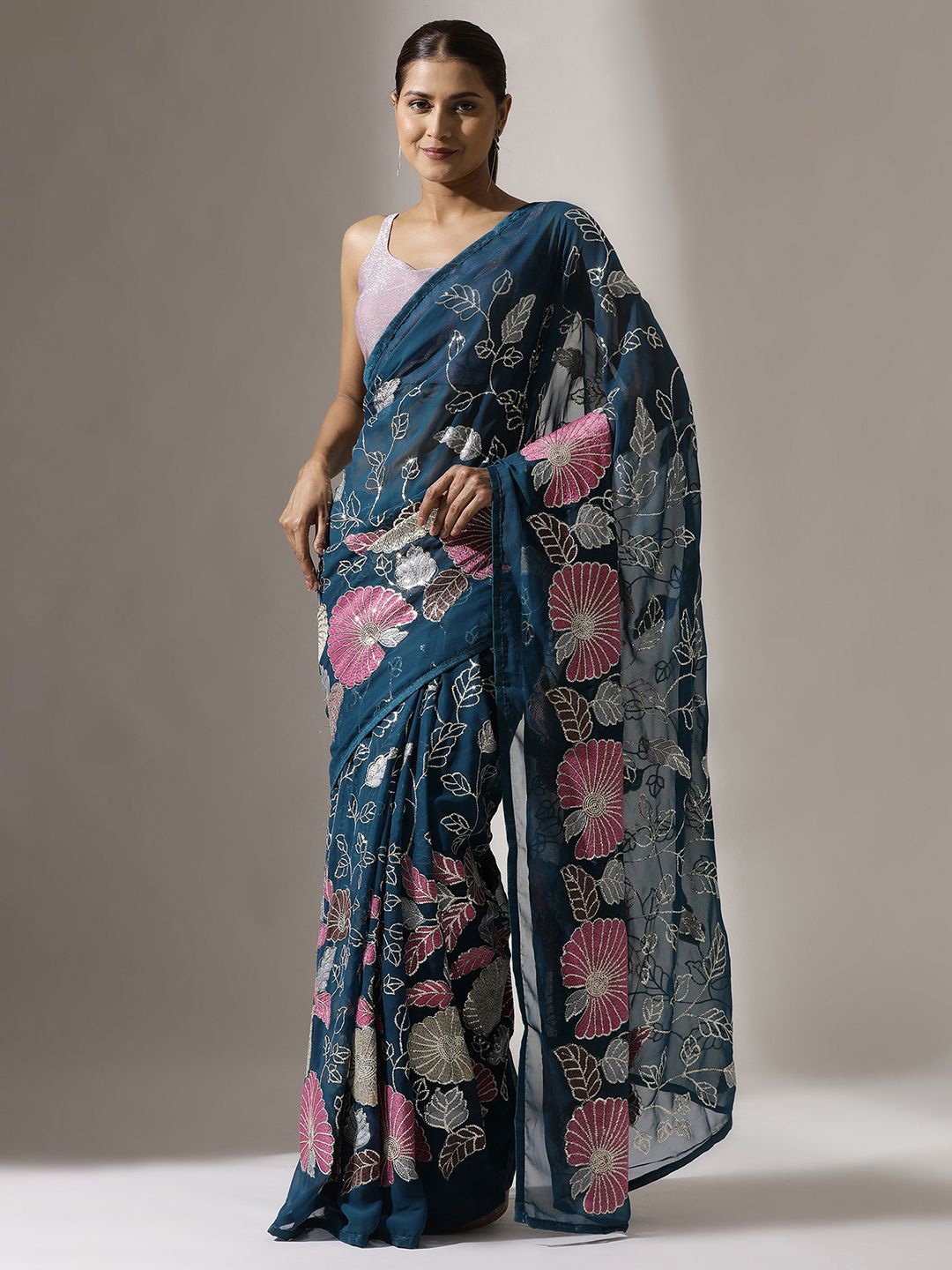 

Qahal Floral Sequinned Pure Georgette Saree, Teal