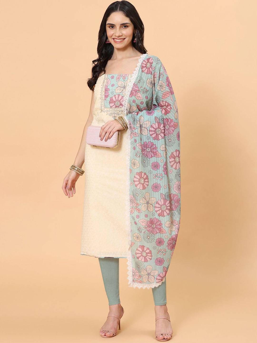 

Meena Bazaar Floral Embroidered Sequinned Unstitched Dress Material, Cream
