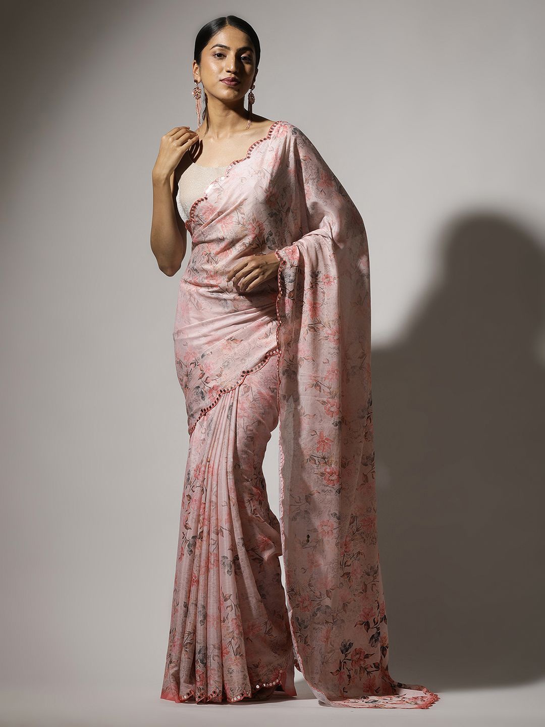 

Qahal Floral Mirror Work Saree, Pink