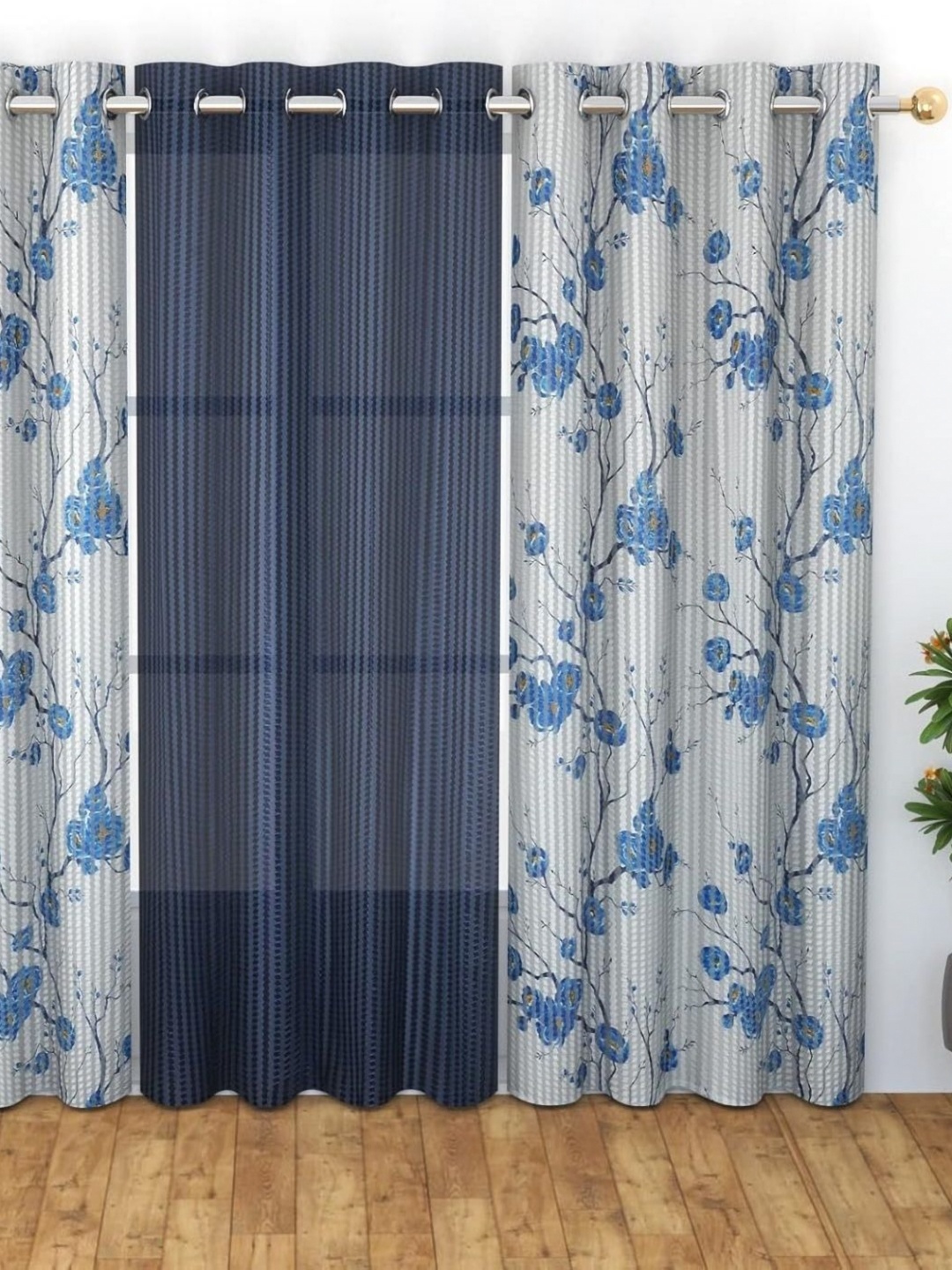 

JBG Home Store Blue 3 Pcs Floral Sheer Window Curtain