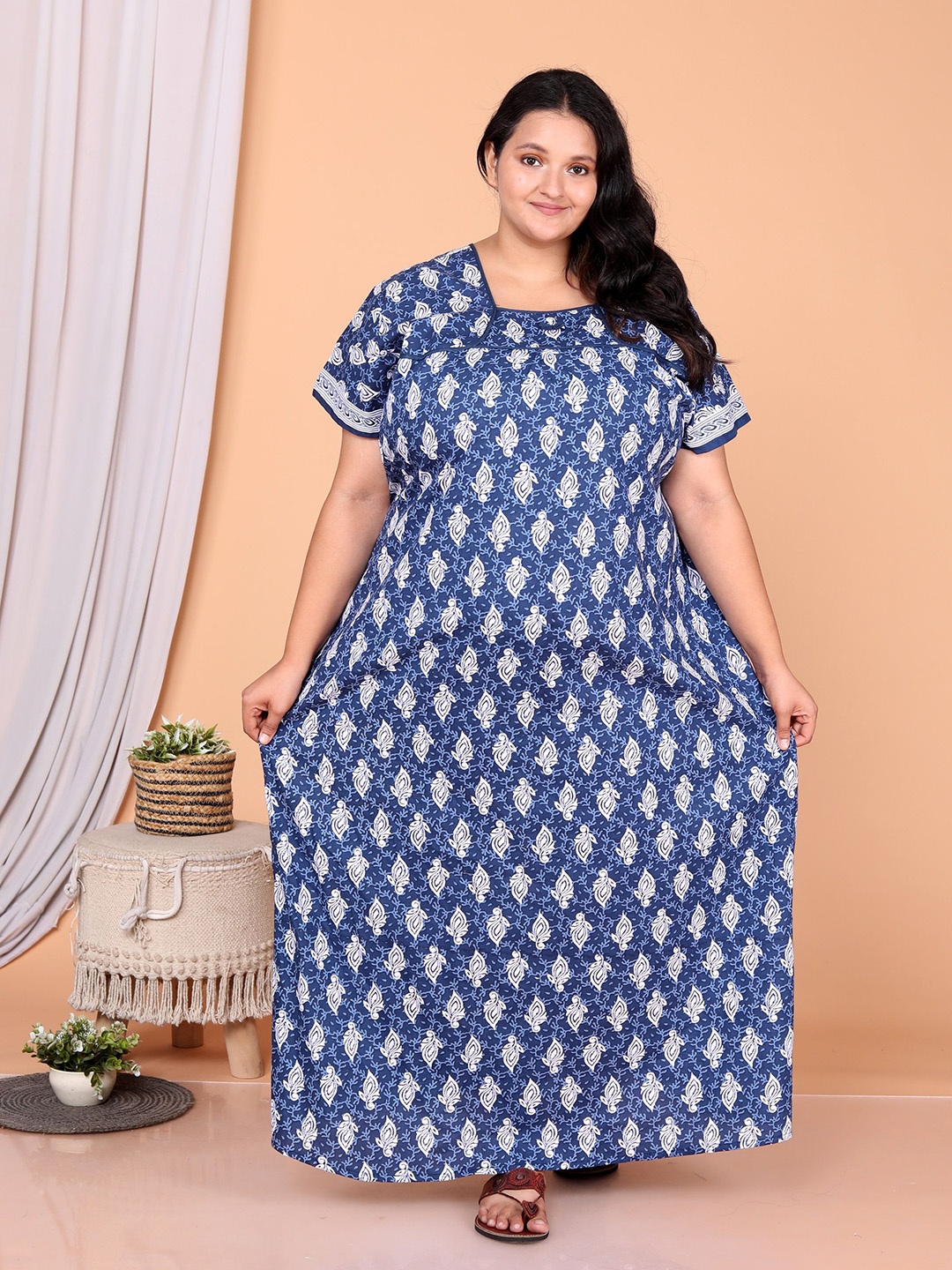 

JAIPZZ APPARELS Pure Cotton Printed Maxi Nightdress JA-ND-BLU-220, Blue