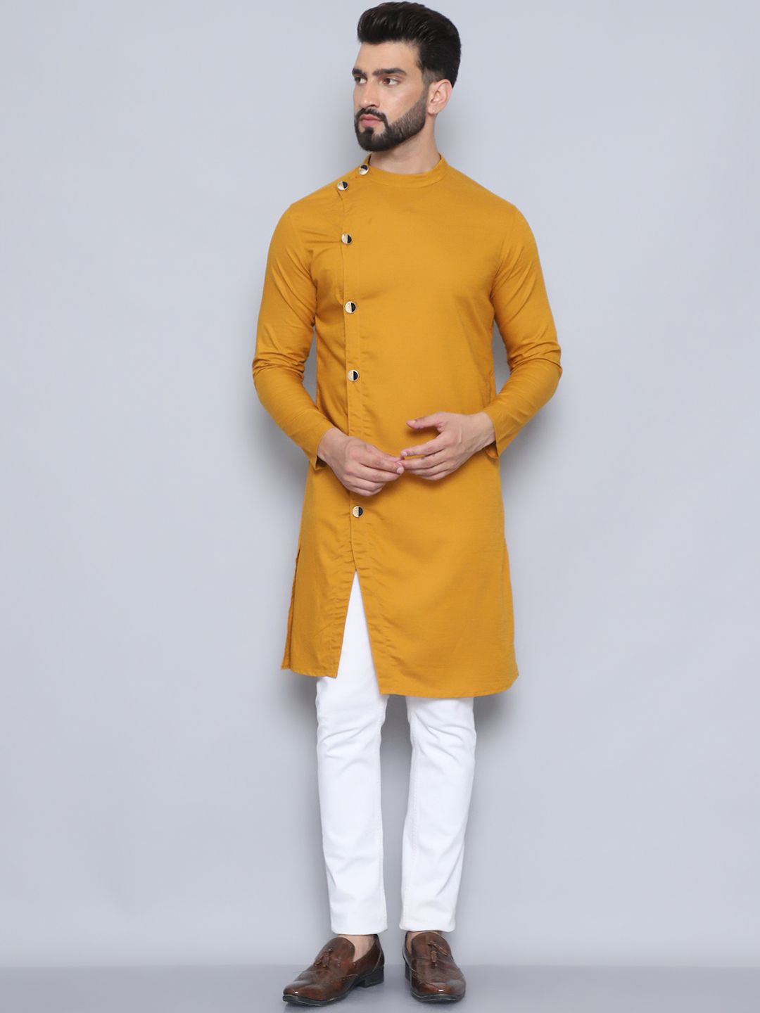 

even Band Collar Pure Cotton Straight Kurta, Yellow