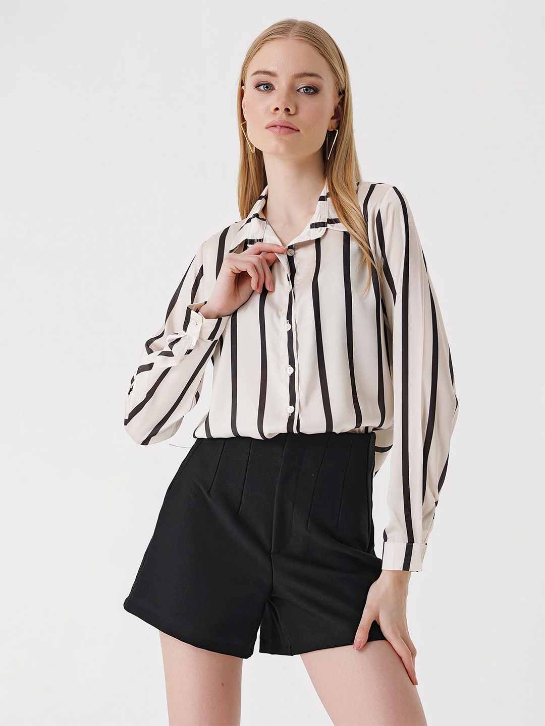 

BIGDART Women Spread Collar Striped Casual Shirt, Na