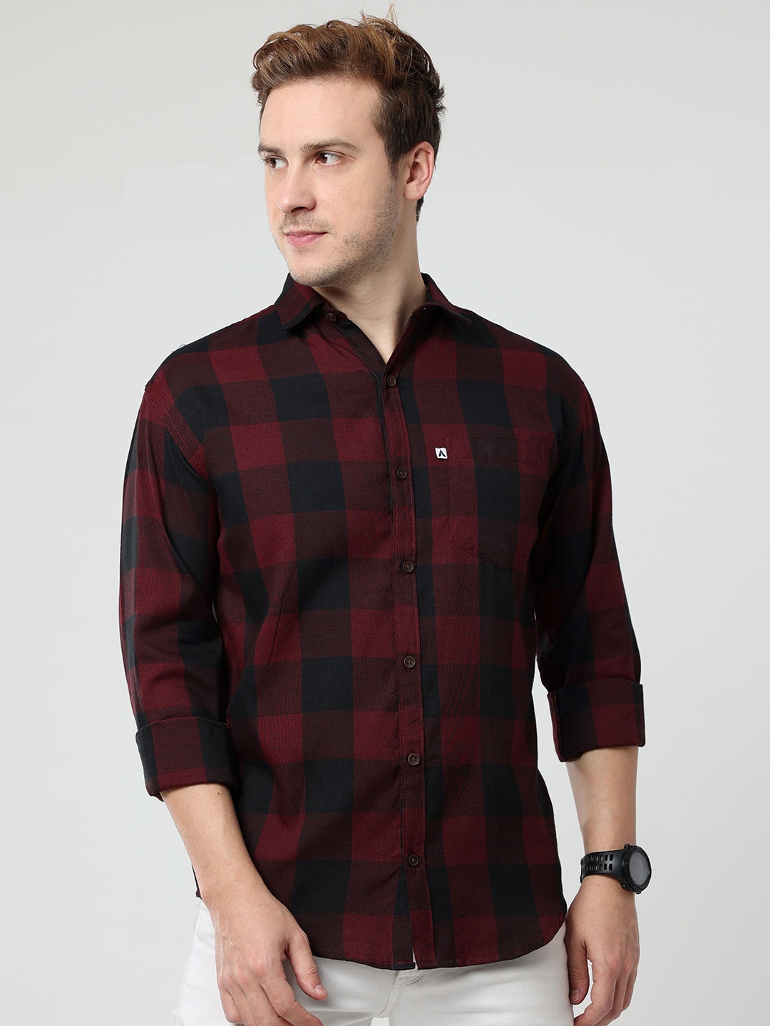 

ALLWIN PAUL Men Comfort Cutaway Collar Buffalo Checked Cotton Casual Shirt, Maroon