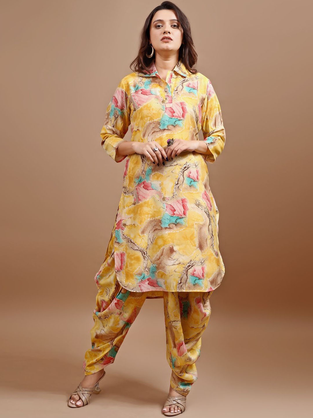 

Tikhi Imli Floral Printed Shirt Collar Tunic With Dhoti, Yellow
