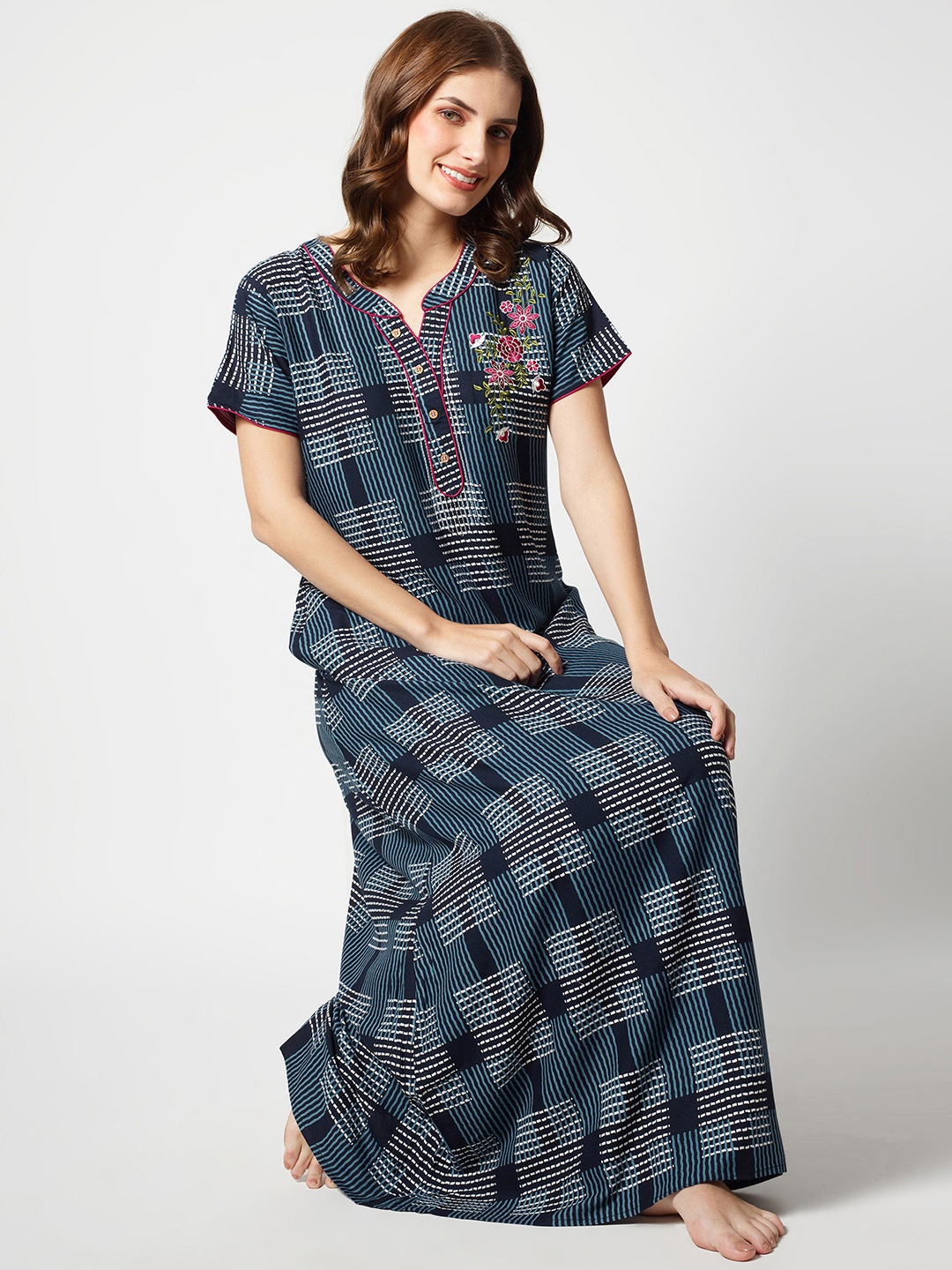 

Zeyo Checked Maxi Nightdress, Blue