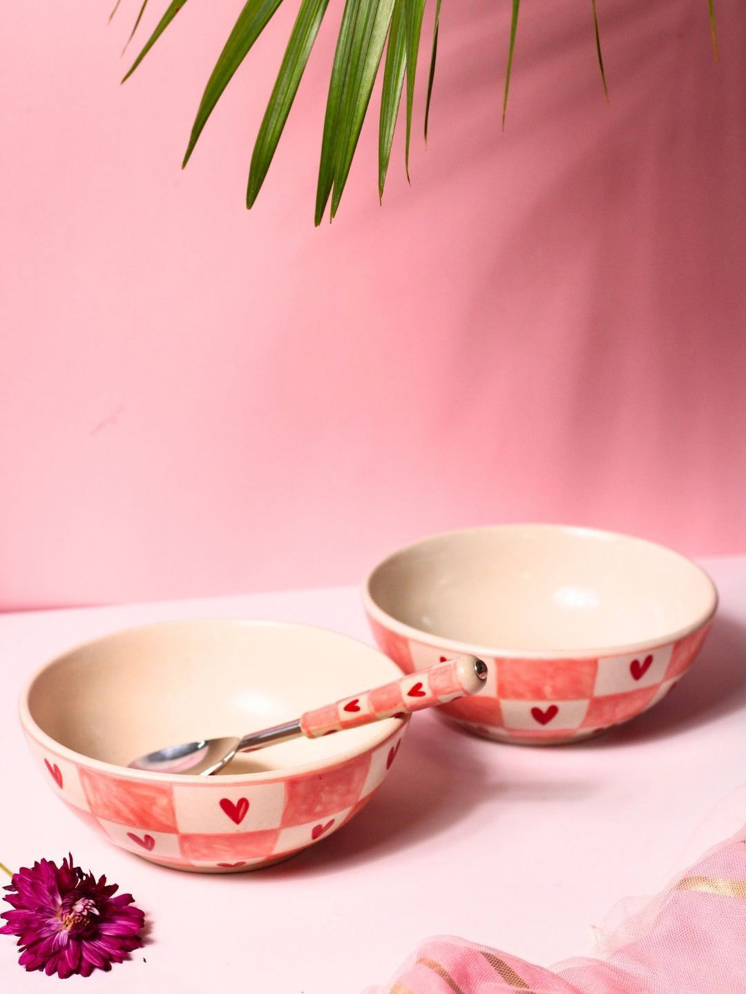 

WEAVING HOMES Pink 2 Pieces Checked Microwave Safe Ceramic Bowl