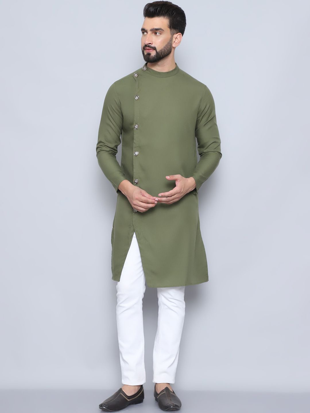 

even Band Collar Pure Cotton A-Line Kurta, Green