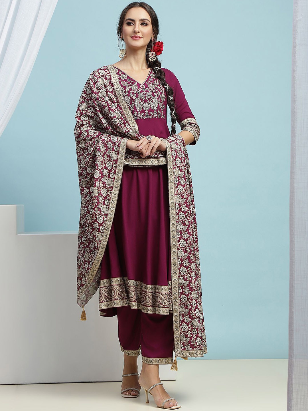 

Khushal K Floral Embroidered Regular Anarkali Kurta with Palazzos & Dupatta, Maroon