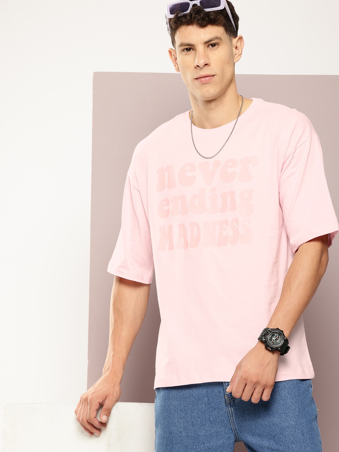 

Kook N Keech Typography Printed Drop-Shoulder Sleeves Pure Cotton Oversized T-shirt, Pink