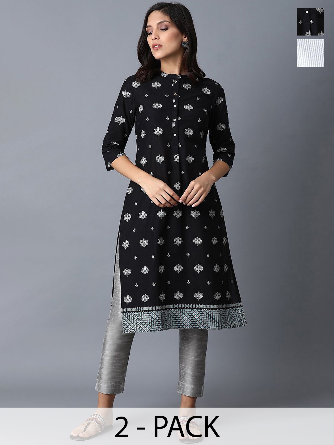 

W Selection of 2 Printed Mandarin Collar Pure Cotton Straight Kurtas, Black
