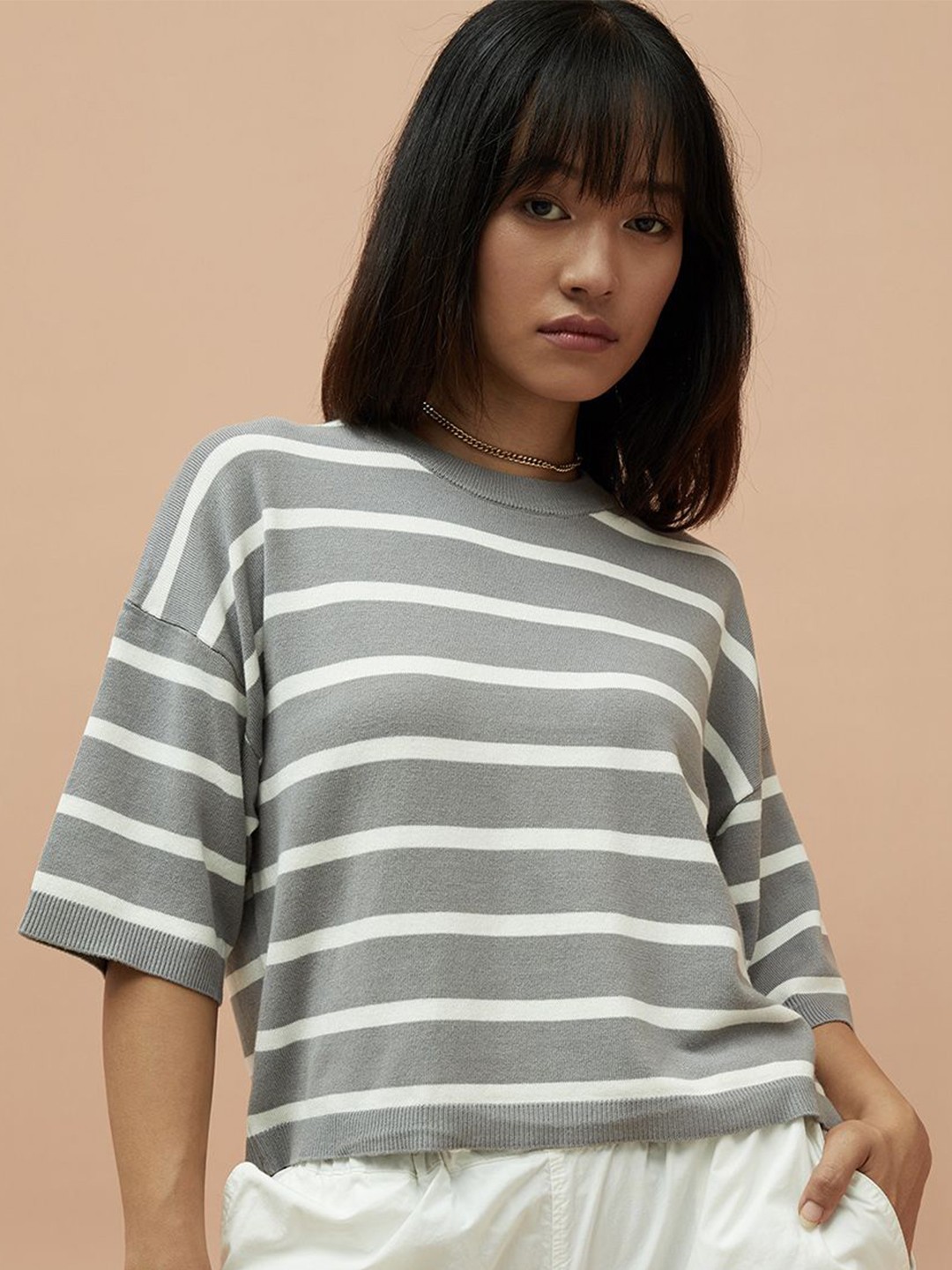 

Ginger by Lifestyle Striped Extended Sleeves Top, Grey