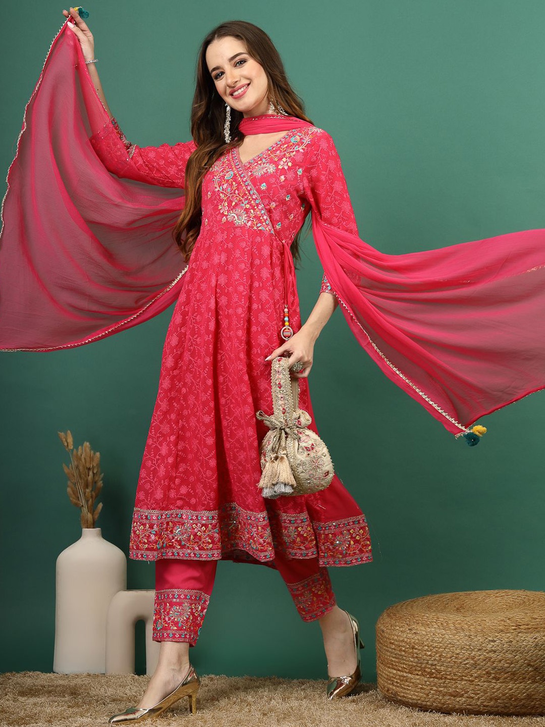 

Ramas Floral Embroidered Angrakha Sequinned Anarkali Kurta with Trousers & With Dupatta, Pink