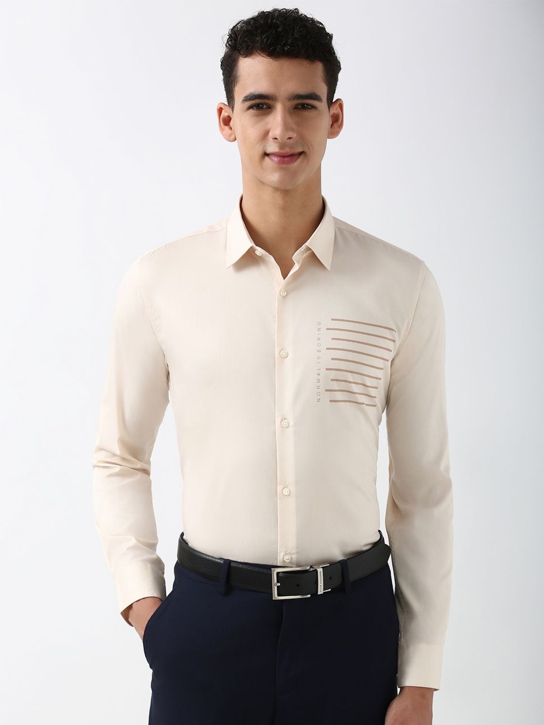 

Peter England Men Spread Collar Solid Cotton Slim Fit Formal Shirt, Beige