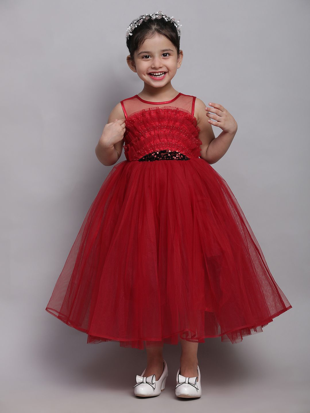 

Toy Balloon kids Ruffled Net Empire Maxi Girls Dress, Maroon