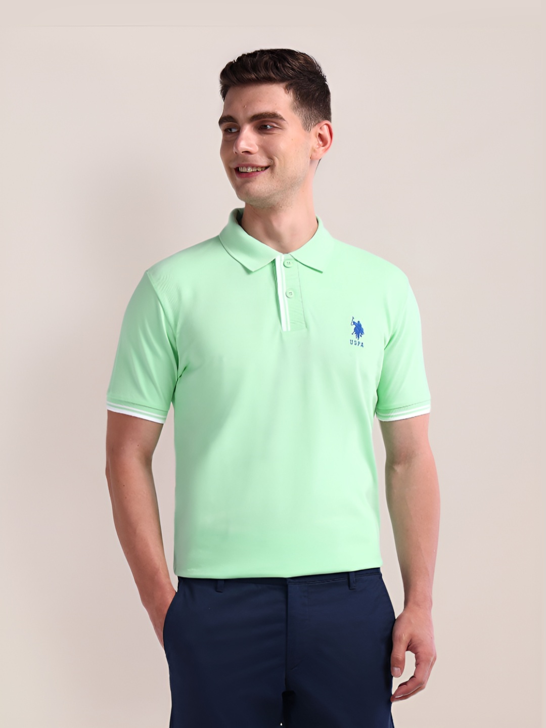 

U.S. Polo Assn. Men Solid Polo Collar Cotton Slim Fit T-Shirt, Green