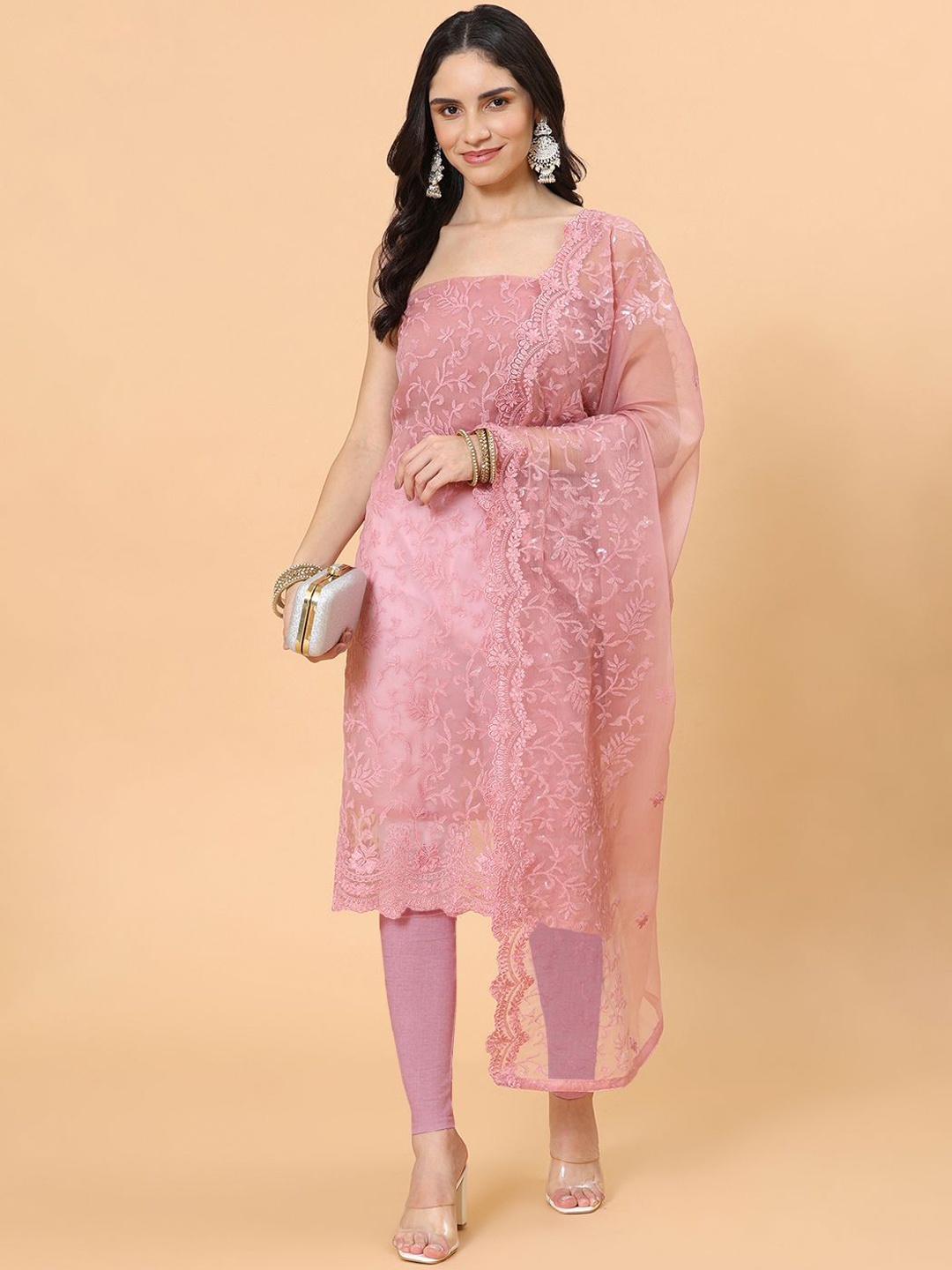 

Meena Bazaar Floral Embroidered Sequinned Unstitched Dress Material, Pink