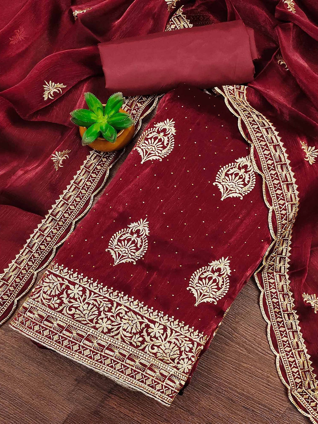 

Peachmode Embroidered Beads & Stones Unstitched Dress Material, Maroon