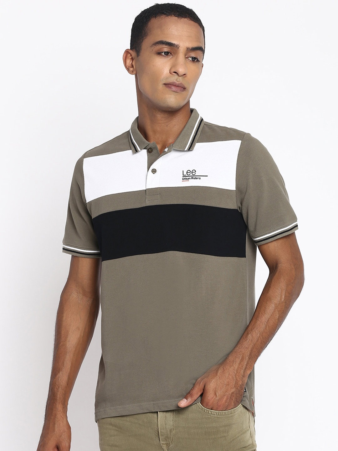 

Lee Men Olive Green Striped Polo Collar Slim Fit T-shirt