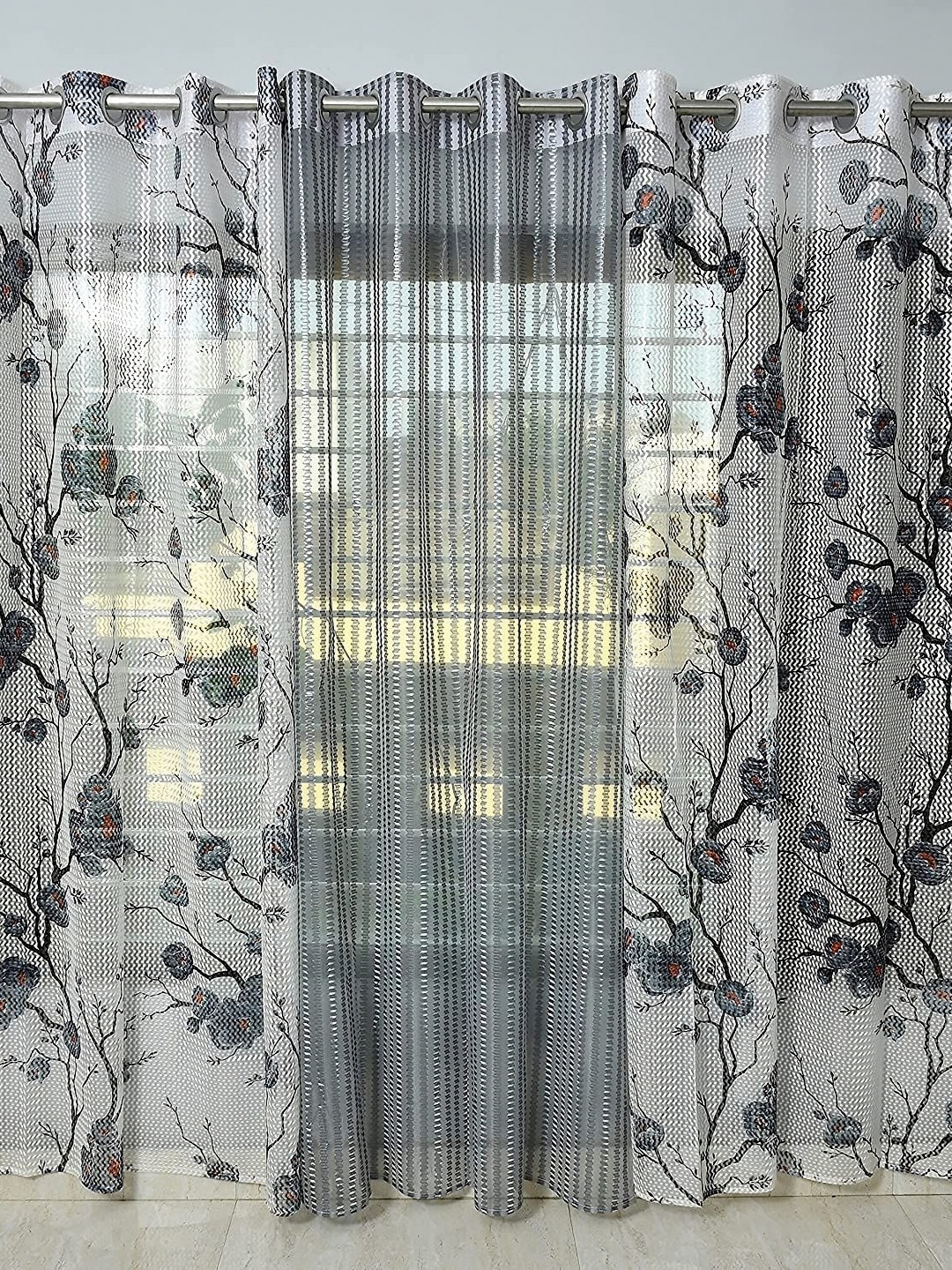 

JBG Home Store Grey 3 Pcs Floral Sheer Window Curtain