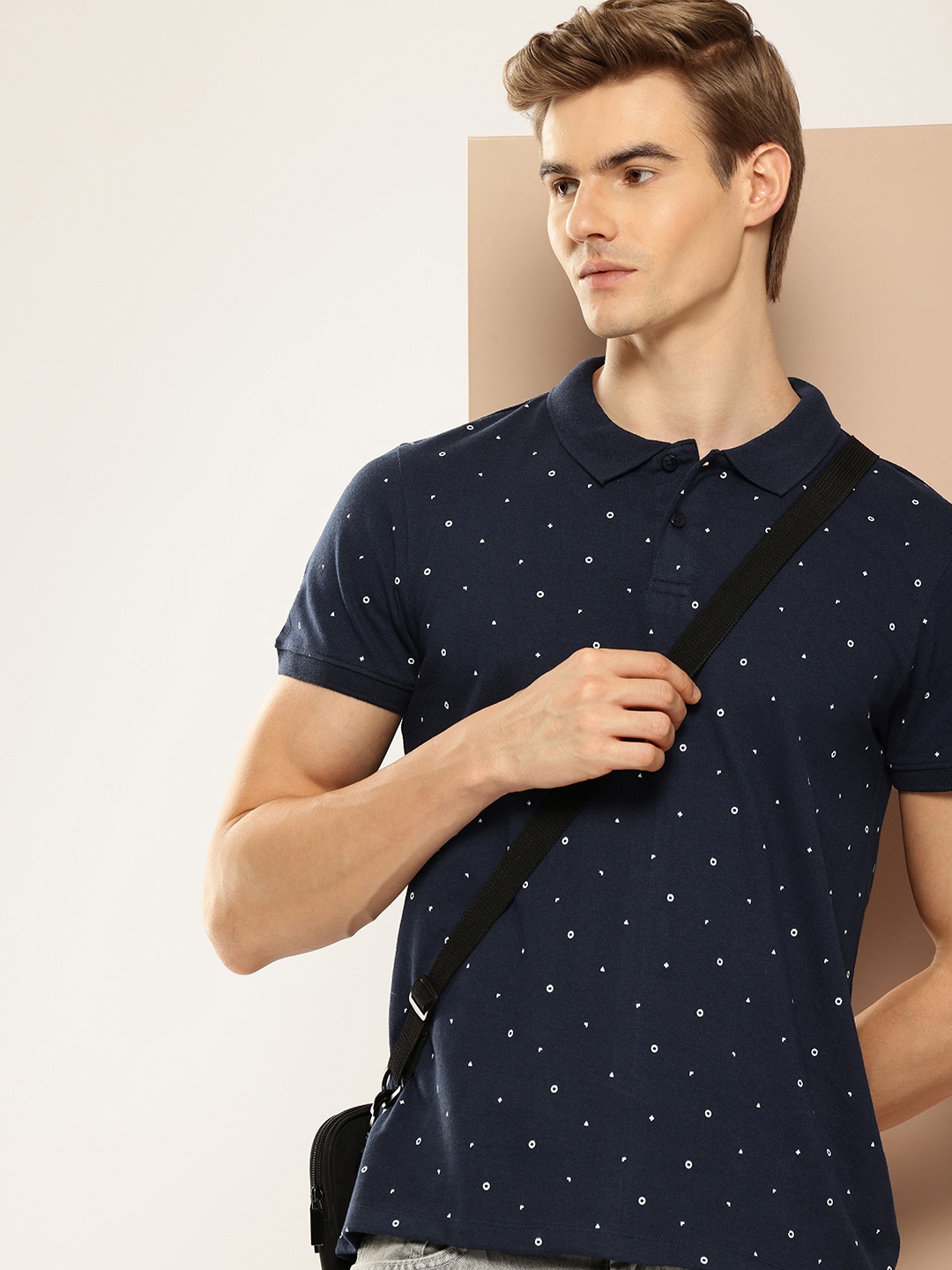 

encore by INVICTUS Geometric Printed Polo Collar T-shirt, Navy blue