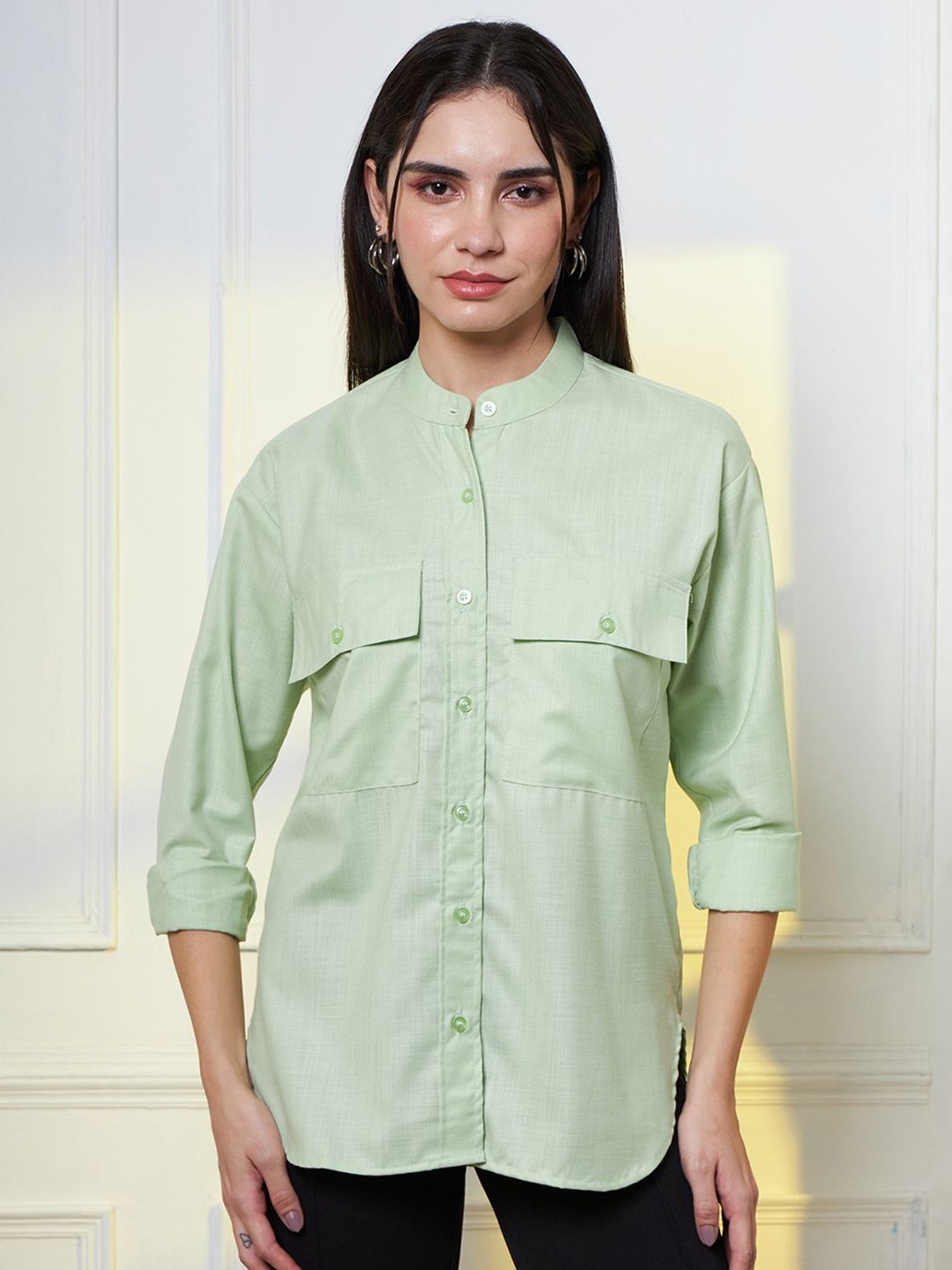 

FITHUB Women Band Collar Solid Cotton Oversized Casual Shirt, Green