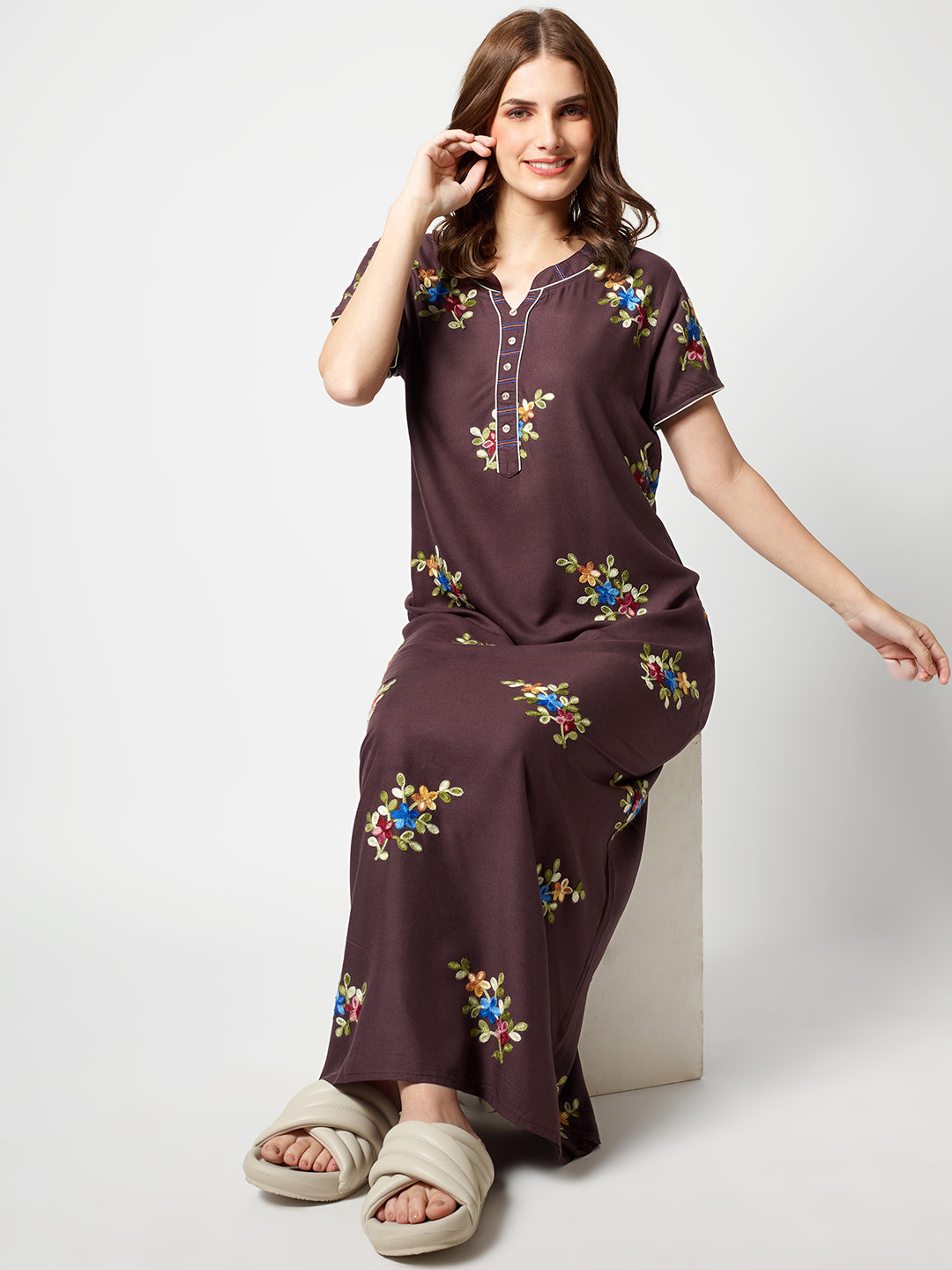 

Zeyo Floral Embroidered Maxi Nightdress, Brown