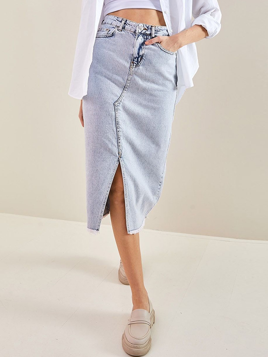 

BIANCO LUCCI Pure Cotton Denim Straight Midi Skirts, Blue