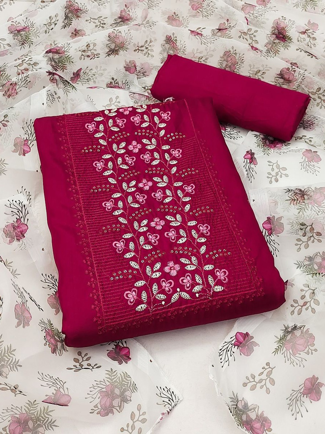 

APNISHA Floral Embellished Pure Silk Unstitched Dress Material, Magenta