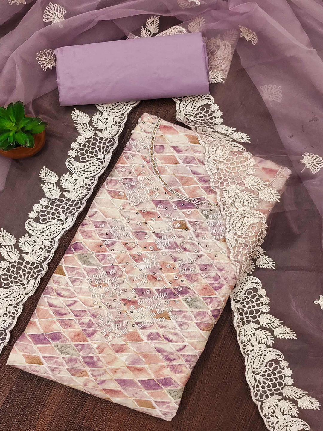 

Peachmode Geometric Printed Beads & Stones Pure Cotton Unstitched Dress Material, Purple