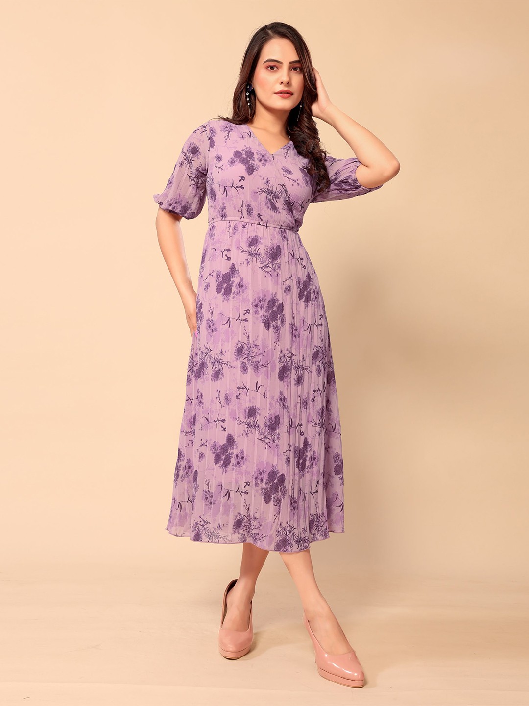 

Murcia Floral Printed Georgette Fit & Flare Midi Dress, Purple